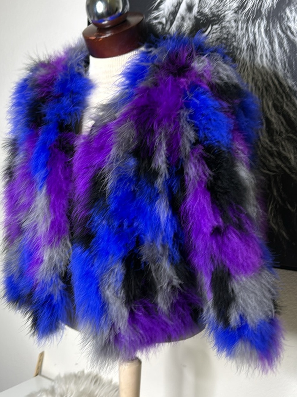 jocelyn Feather Bomber Jacket Unique Fun XS Multicolor Blue Purple Gray Black - Picture 3 of 6